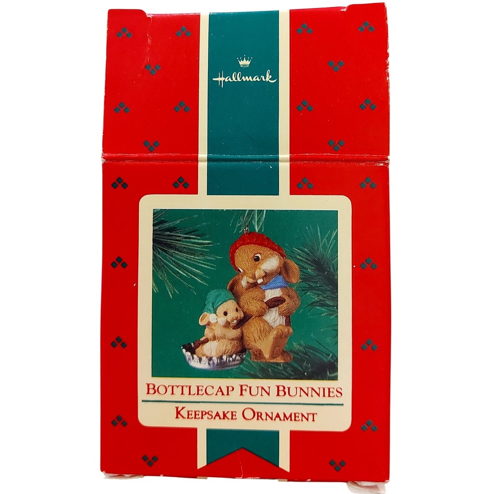 Vintage 1985 Hallmark Keepsake Ornament Bottlecap Fun Bunnies QX481-5 Boxed